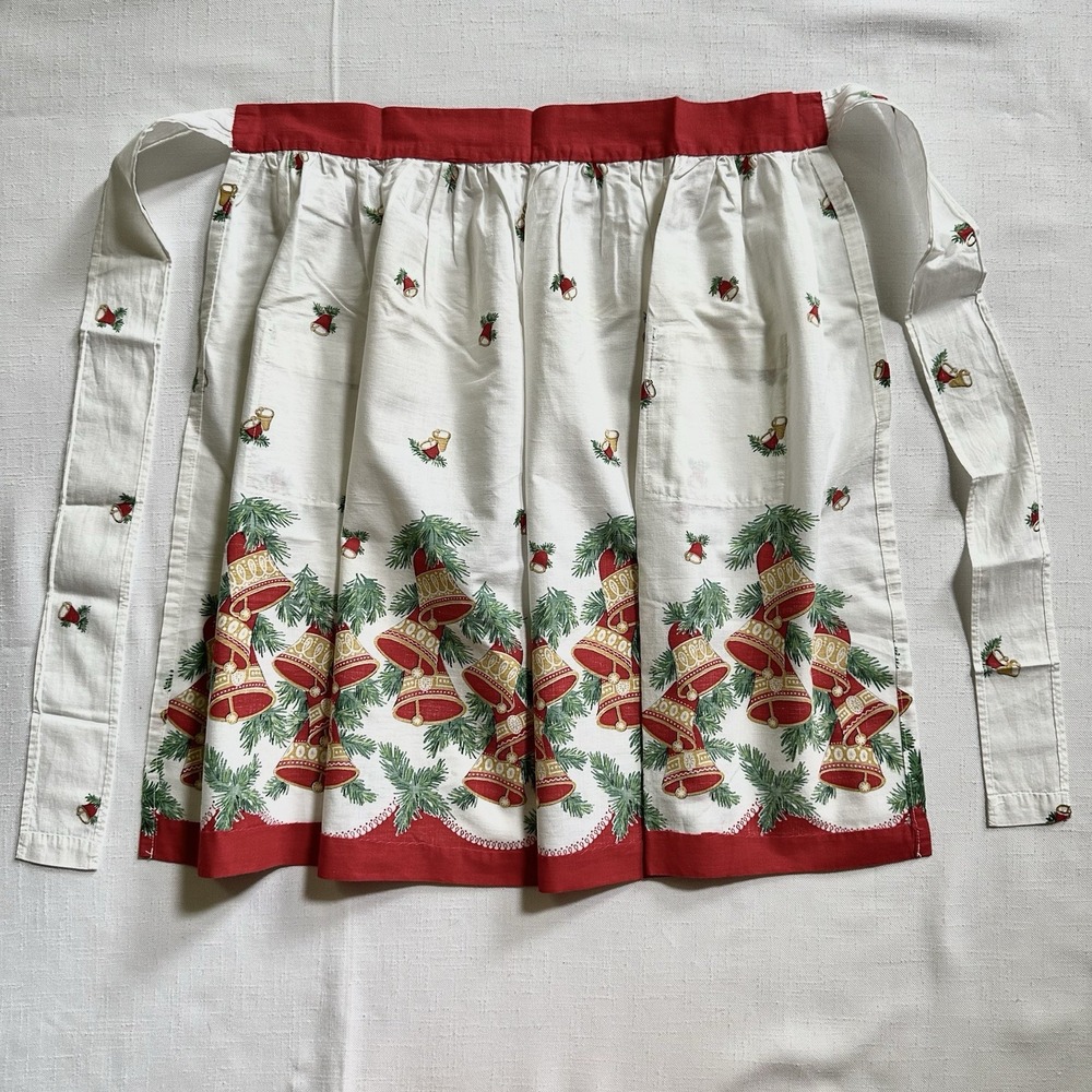 Vtg MCM Christmas Half Apron 1950s Holly Berry Festive Bells 21.5" Long Pockets - Picture 9 of 12